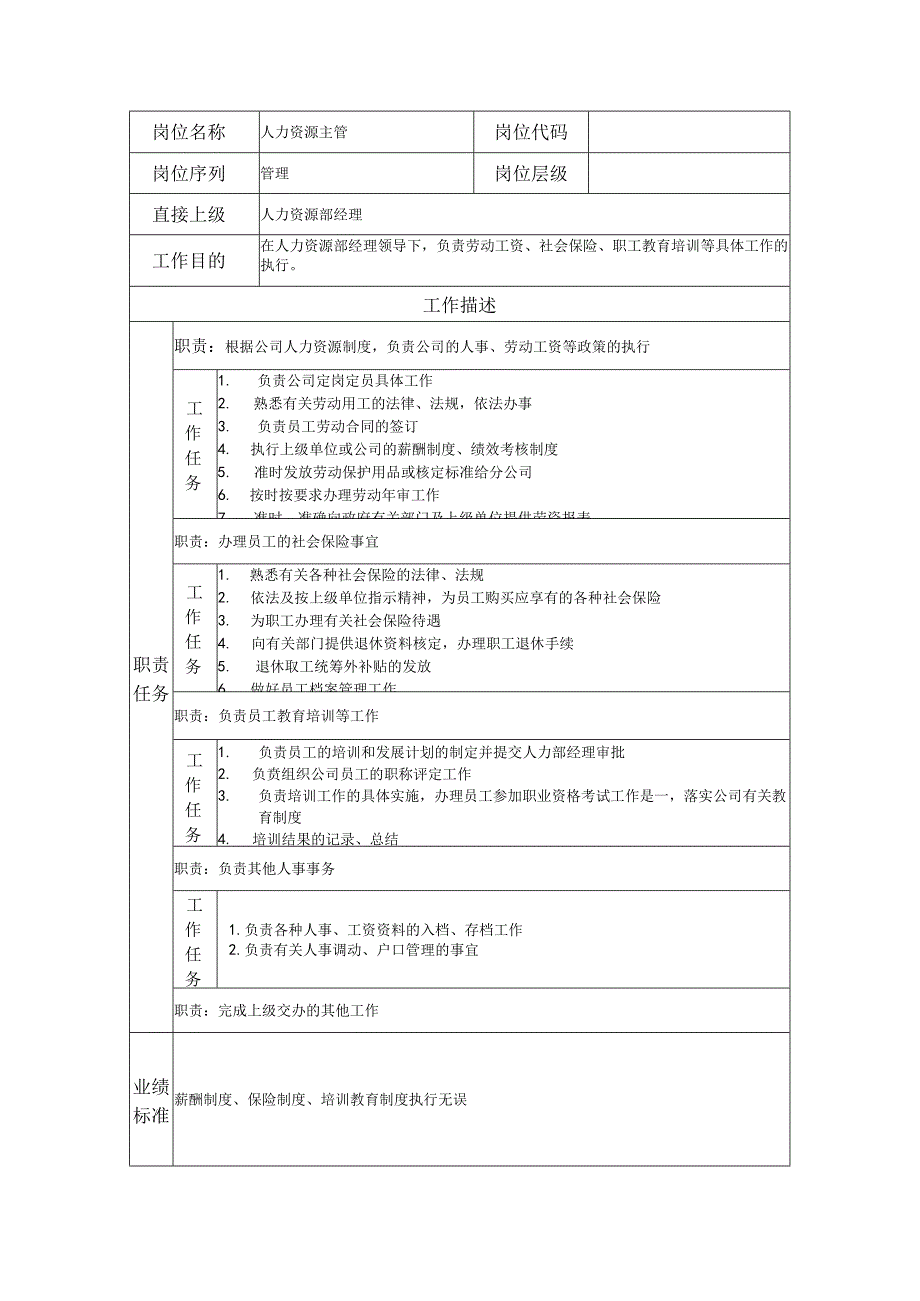 人力资源主管--工业制造类岗位职责说明书.docx_第1页