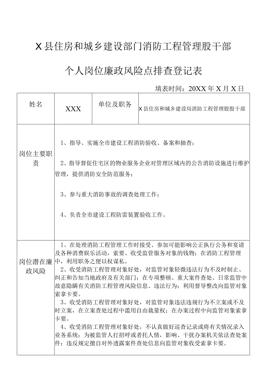 X县住房和城乡建设部门消防工程管理股干部个人岗位廉政风险点排查登记表.docx_第1页