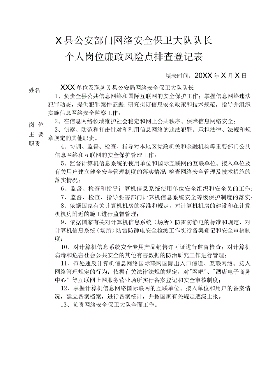 X县公安部门网络安全保卫大队队长个人岗位廉政风险点排查登记表.docx_第1页