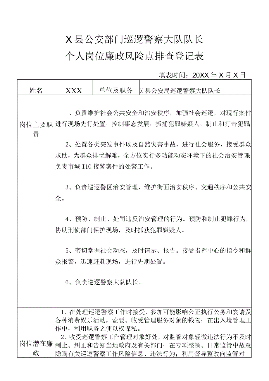 X县公安部门巡逻警察大队队长个人岗位廉政风险点排查登记表.docx_第1页