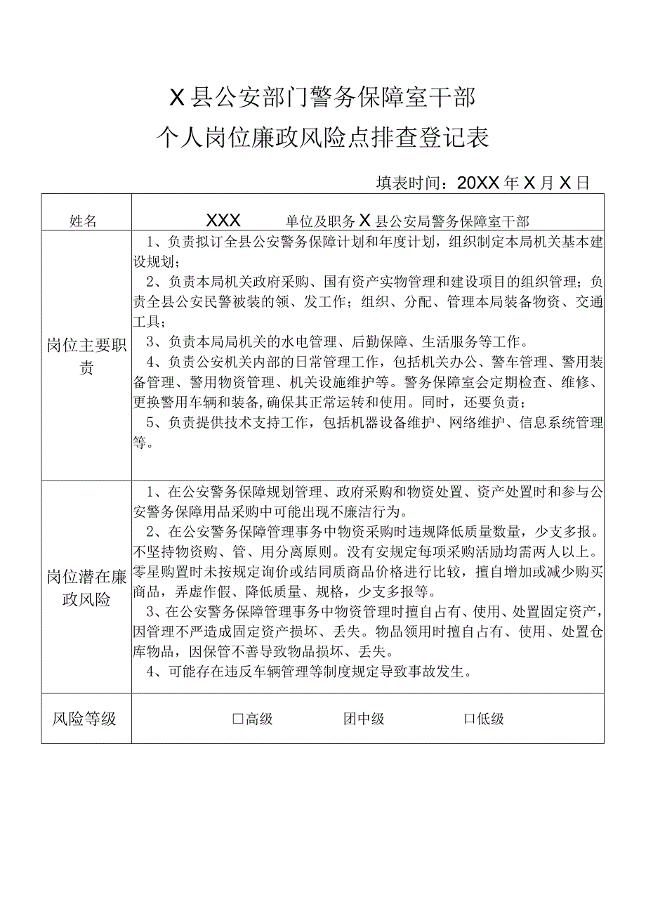 X县公安部门警务保障室干部个人岗位廉政风险点排查登记表.docx_第1页