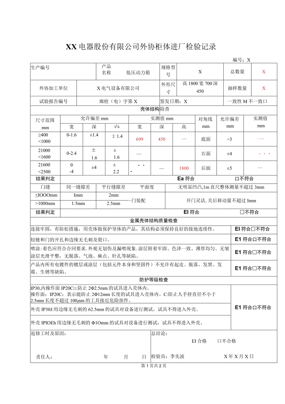 XX电器股份有限公司外协柜体进厂检验记录（2023年）.docx_第1页