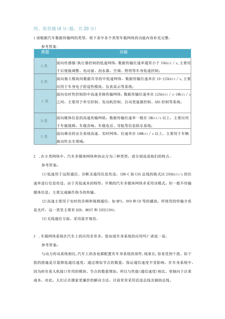 【习题】1-2 车载网络系统分类与应用认知（教师版）.docx_第3页