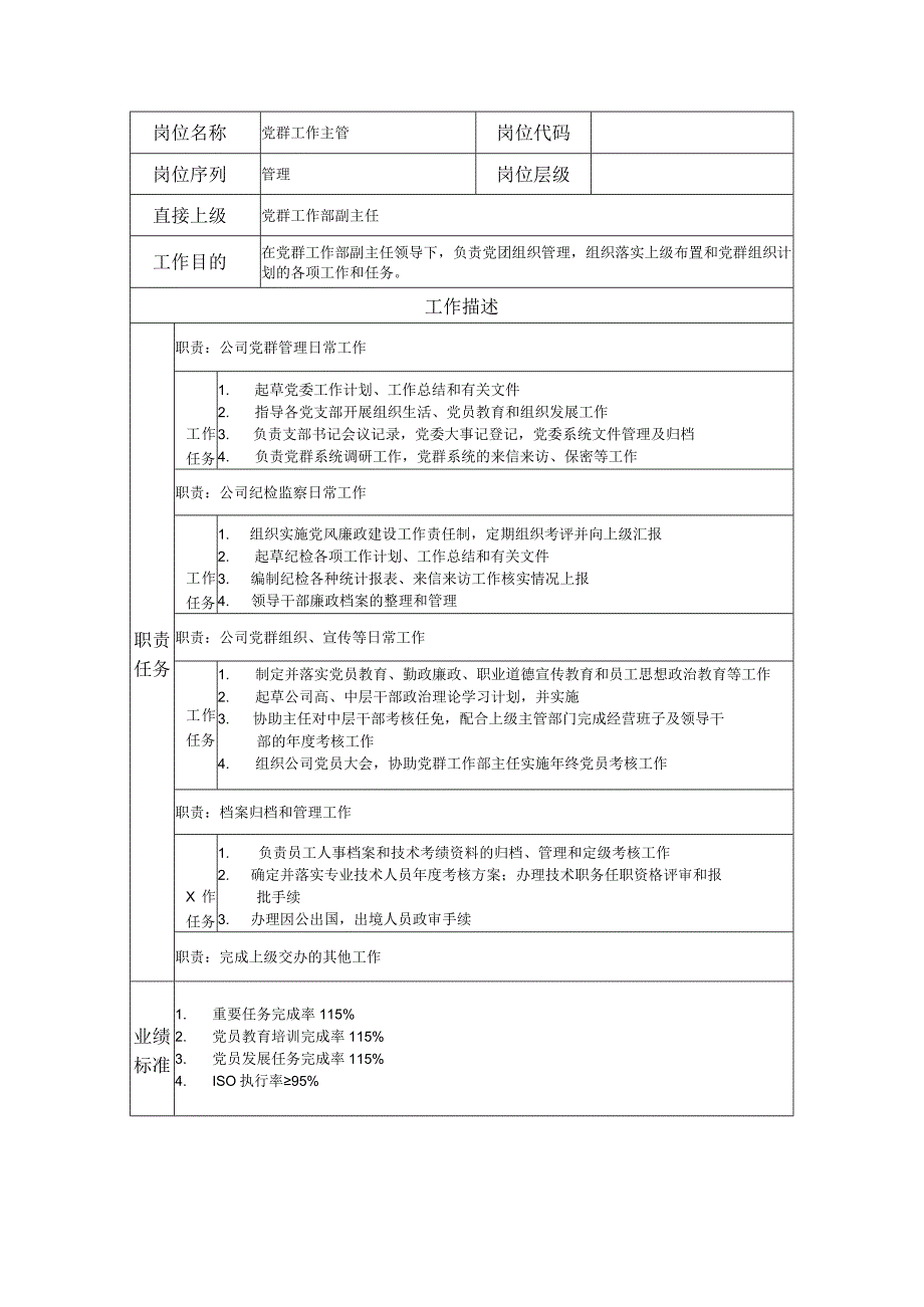 党群工作主管--工业制造类岗位职责说明书.docx_第1页