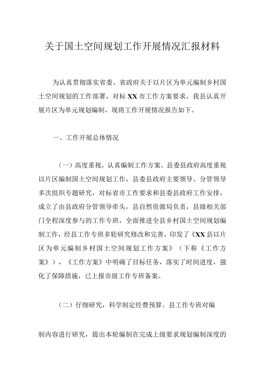 关于国土空间规划工作开展情况汇报材料.docx_第1页