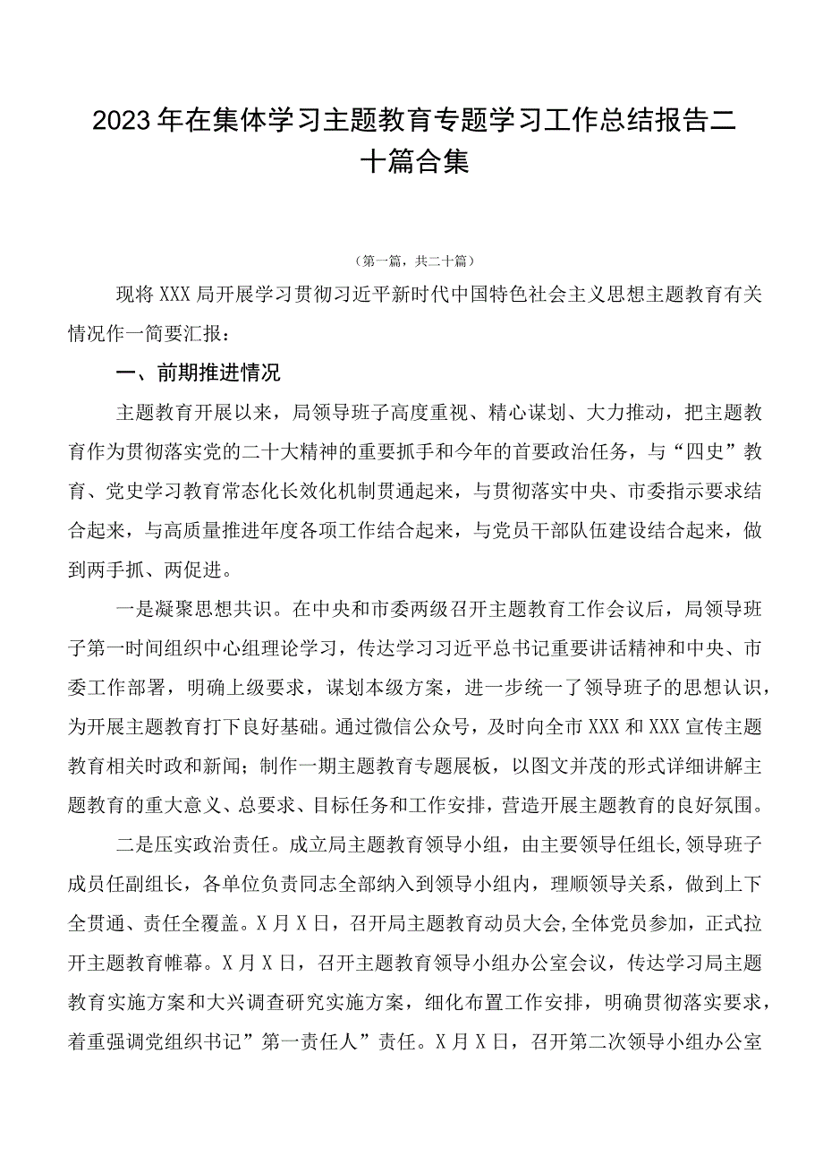 2023年在集体学习主题教育专题学习工作总结报告二十篇合集.docx_第1页