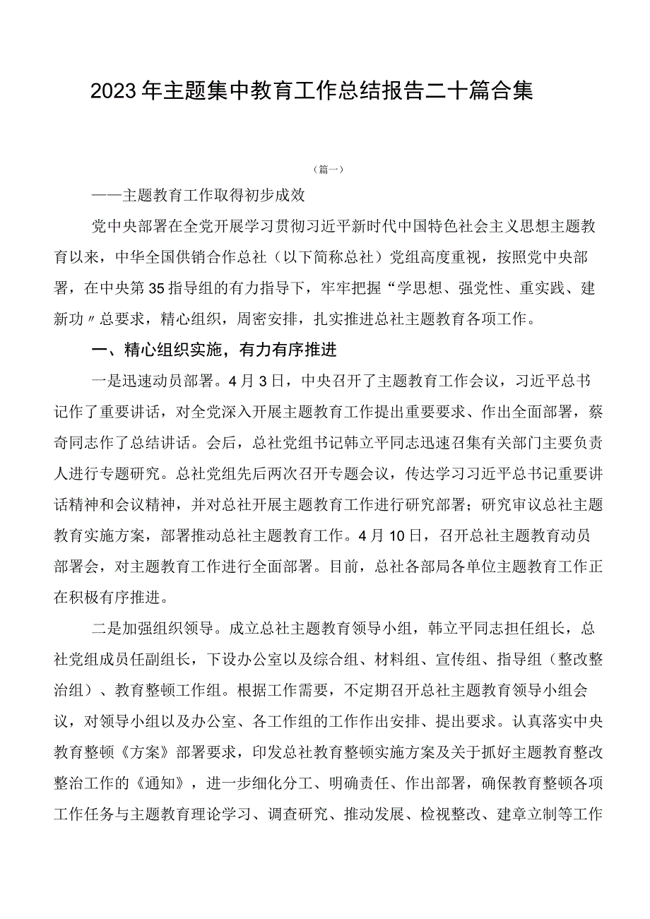 2023年主题集中教育工作总结报告二十篇合集.docx_第1页