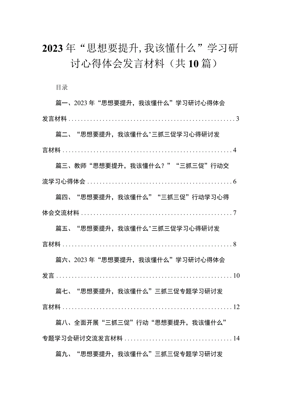 2023年“思想要提升我该懂什么”学习研讨心得体会发言材料（共10篇）.docx_第1页