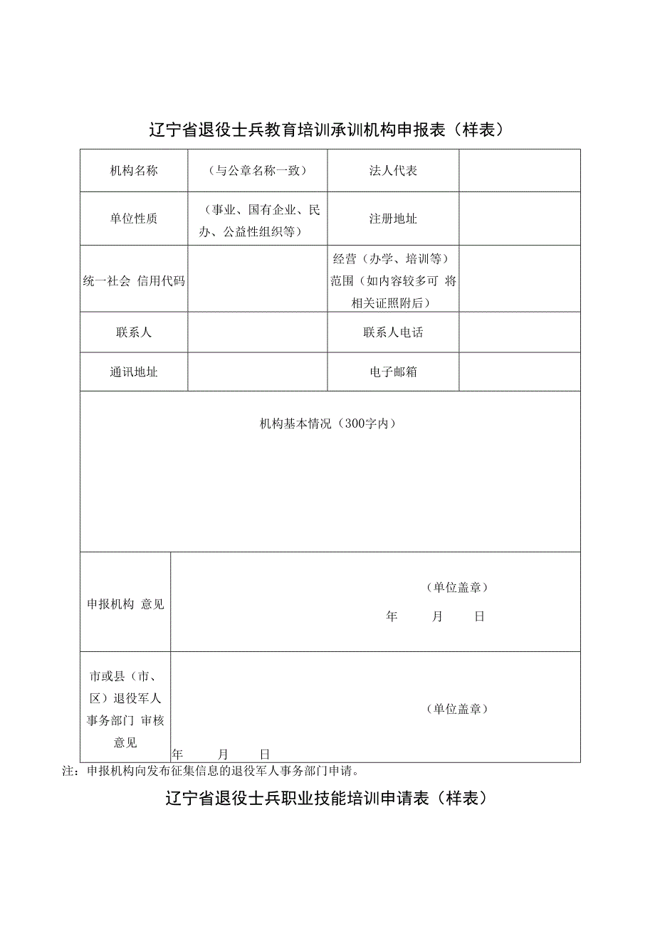 辽宁省退役士兵教育培训承训机构申报表样表.docx_第1页