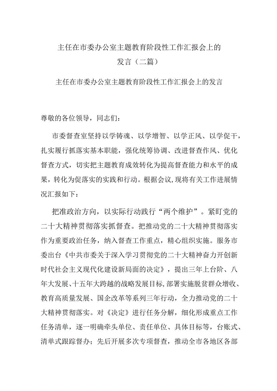 主任在市委办公室主题教育阶段性工作汇报会上的发言(二篇).docx_第1页