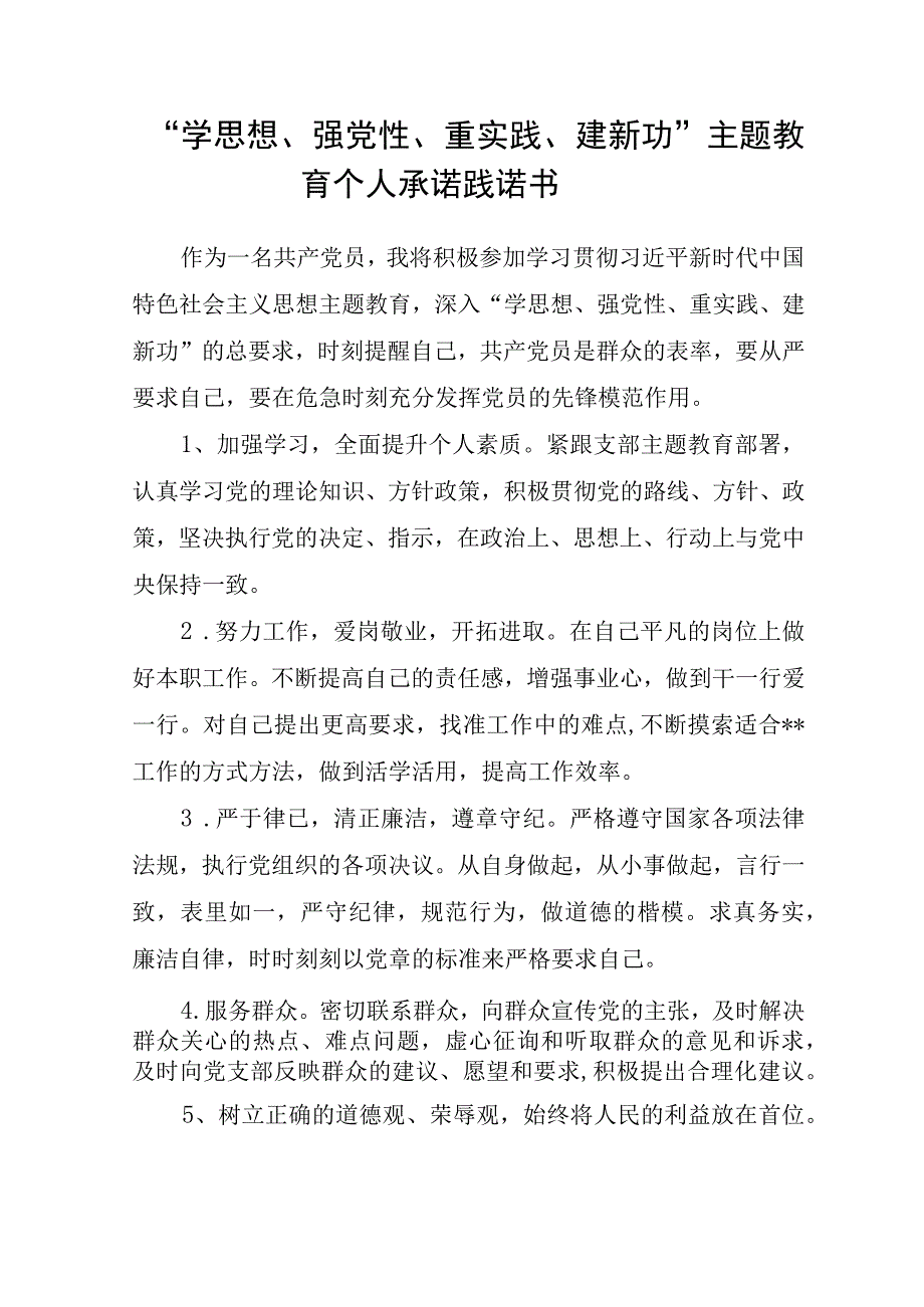 2023“学思想、强党性、重实践、建新功”主题教育个人承诺践诺书和专题组织生活会党员整改承诺书.docx_第2页