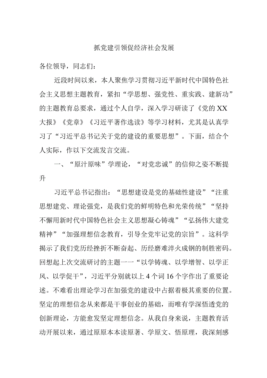 主题教育第二次交流发言材料：抓党建引领促经济社会发展.docx_第1页