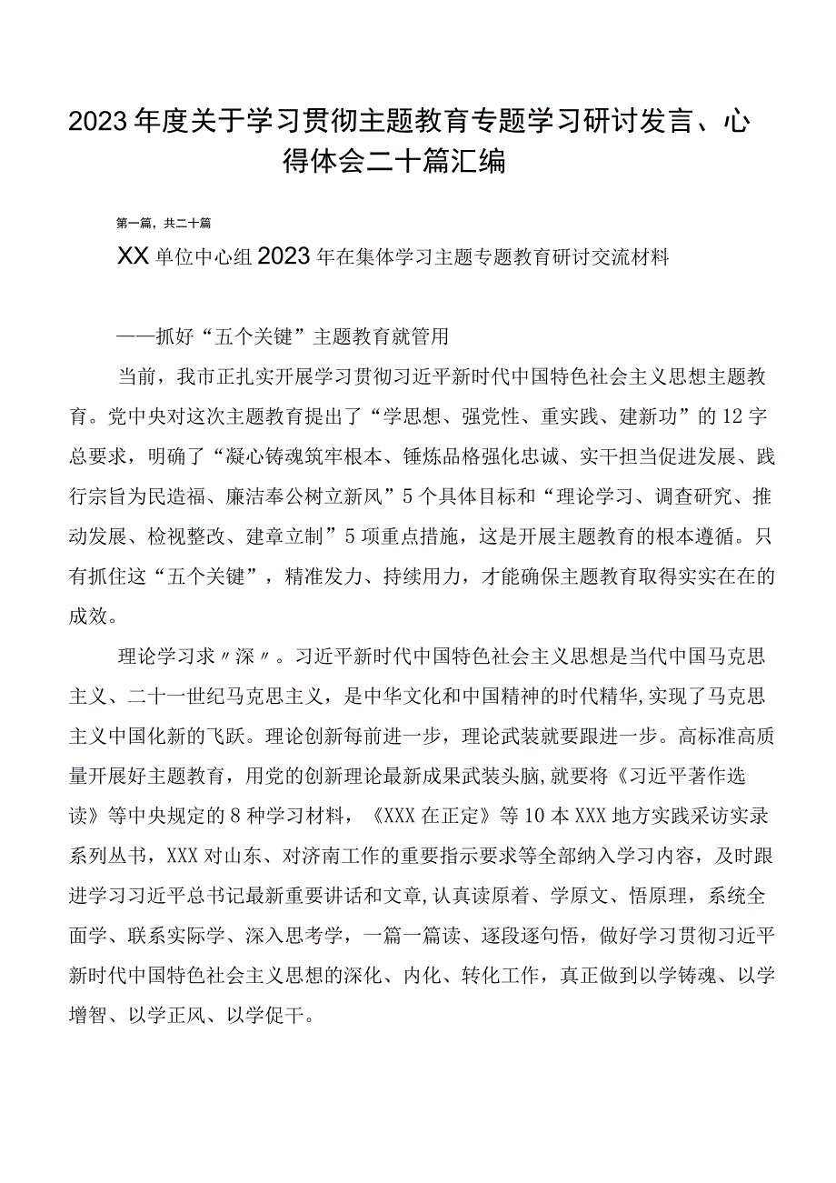 2023年度关于学习贯彻主题教育专题学习研讨发言、心得体会二十篇汇编.docx_第1页