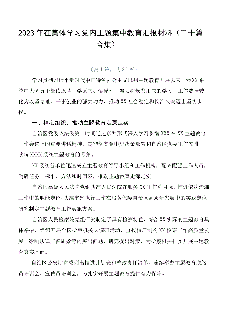 2023年在集体学习党内主题集中教育汇报材料（二十篇合集）.docx_第1页