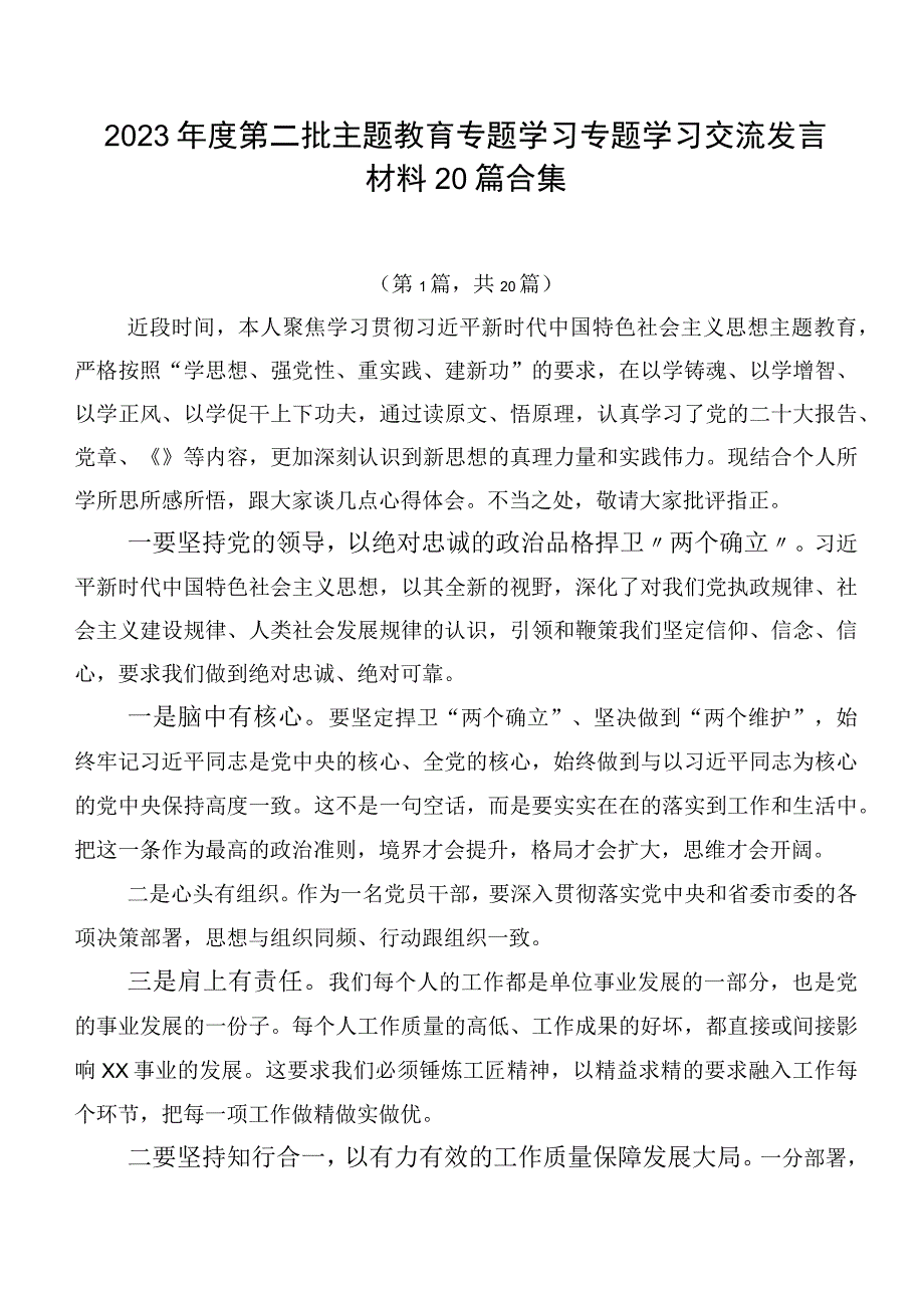 2023年度第二批主题教育专题学习专题学习交流发言材料20篇合集.docx_第1页