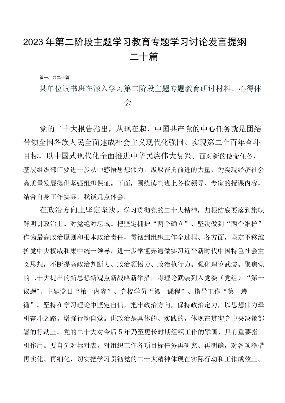 2023年第二阶段主题学习教育专题学习讨论发言提纲二十篇.docx_第1页