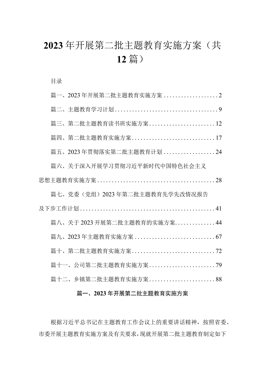 2023年开展第二批主题教育实施方案（共12篇）.docx_第1页