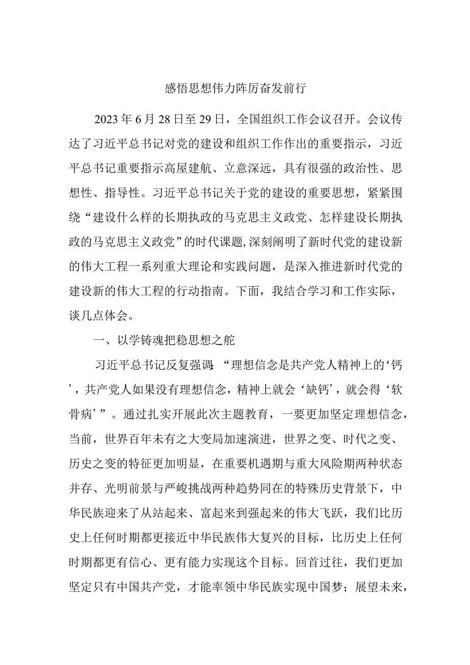 主题教育第二次交流发言材料：感悟思想伟力踔厉奋发前行.docx_第1页