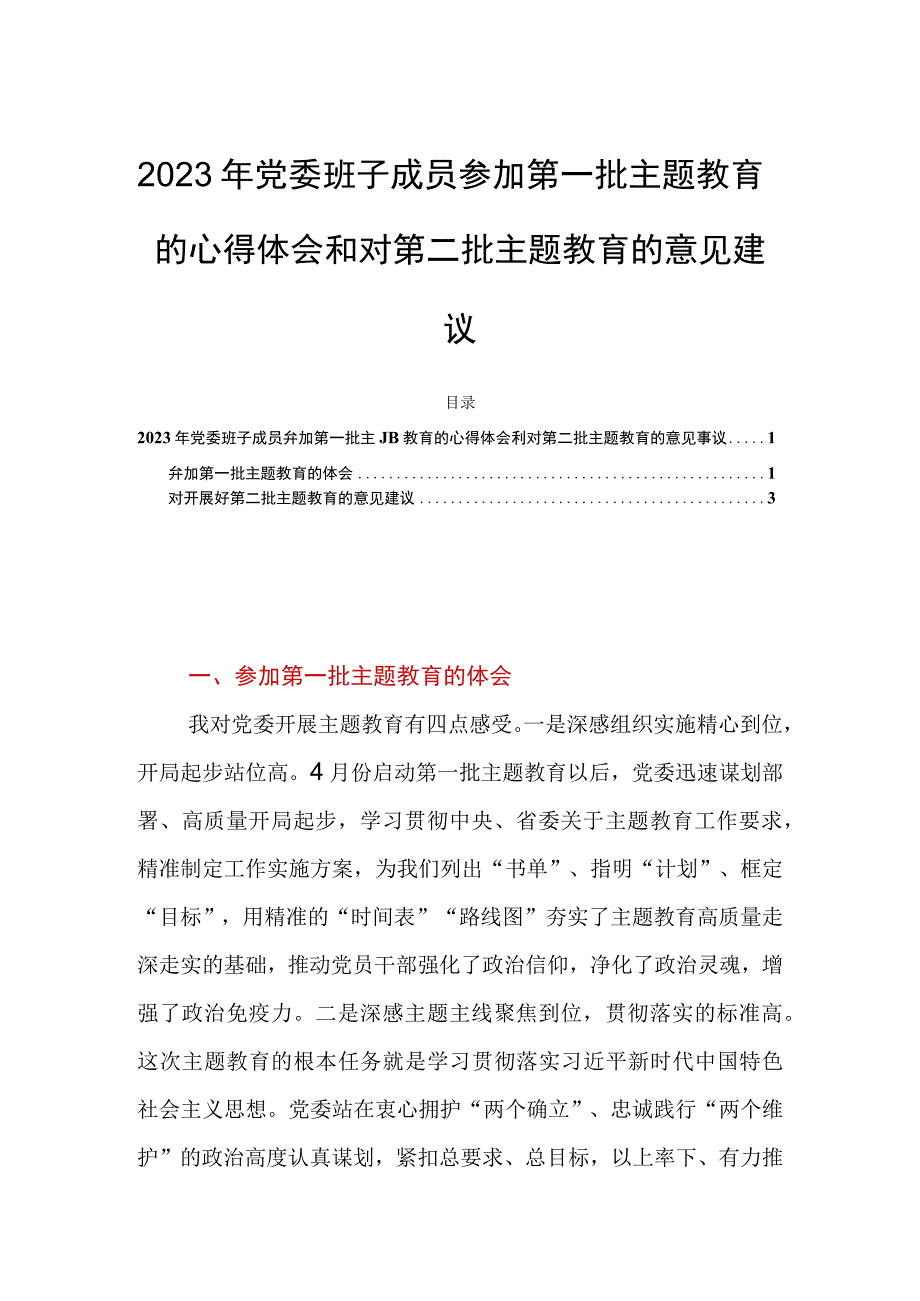 2023年党委班子成员参加第一批主题教育的心得体会和对第二批主题教育的意见建议.docx_第1页