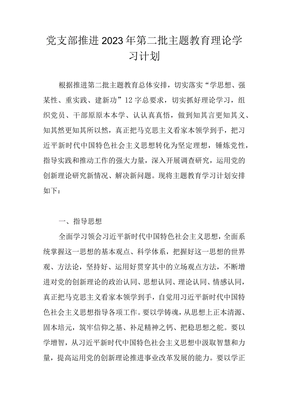 党支部关于推进2023年第二批主题教育理论学习计划（附工作方案）.docx_第1页