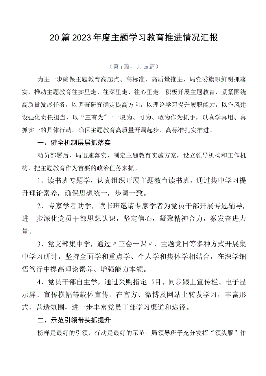 20篇2023年度主题学习教育推进情况汇报.docx_第1页