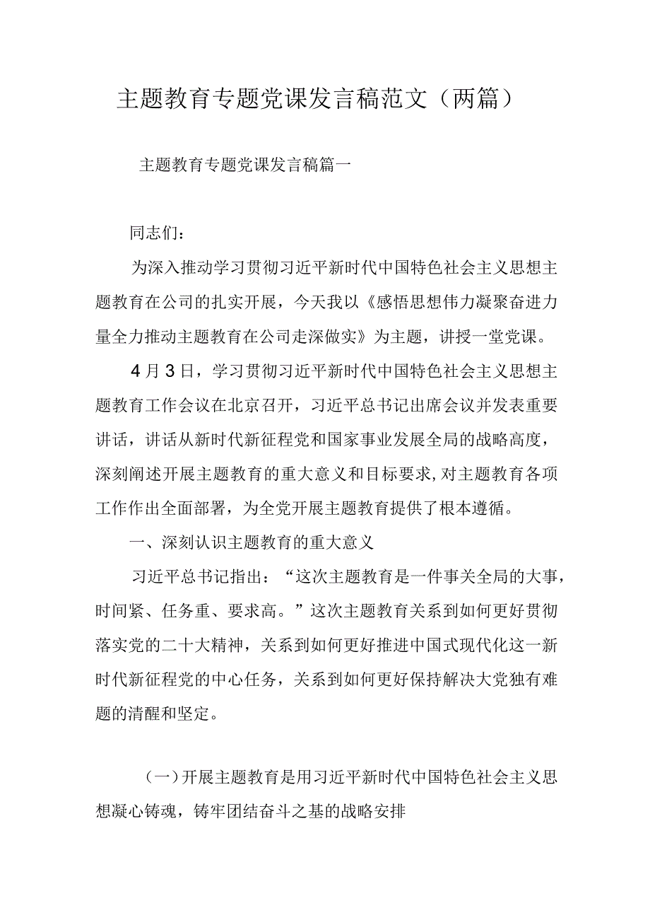 主题教育专题党课发言稿范文（两篇）.docx_第1页