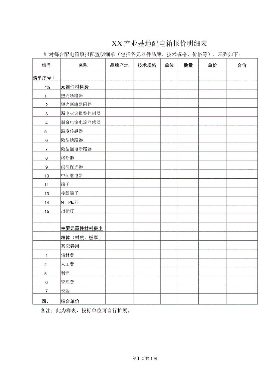 XX产业基地配电箱报价明细表（2023年）.docx_第1页