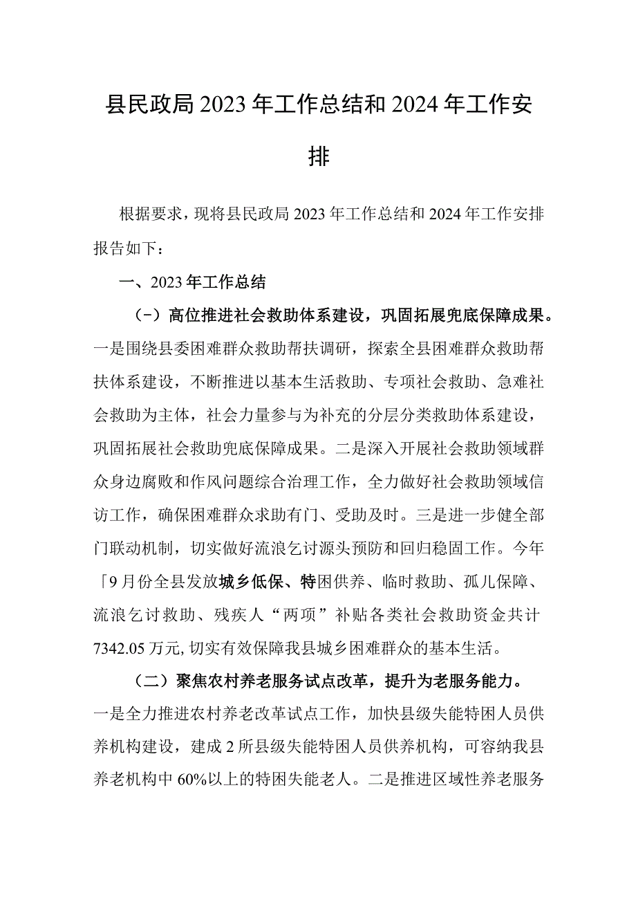 2023年工作总结和2024年工作安排（民政局）.docx_第1页