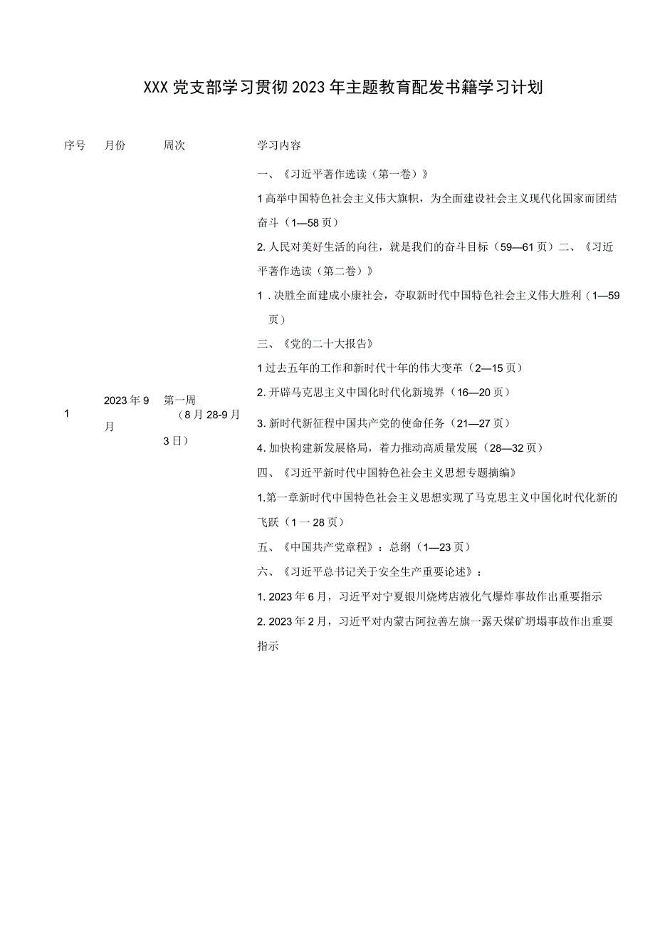 XXX党支部学习贯彻2023年主题教育配发书籍学习计划.docx_第1页