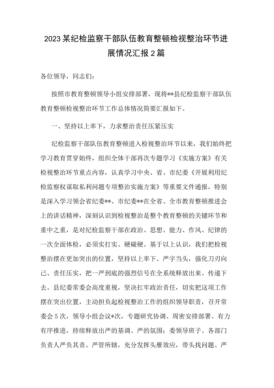 2023某纪检监察干部队伍教育整顿检视整治环节进展情况汇报2篇.docx_第1页