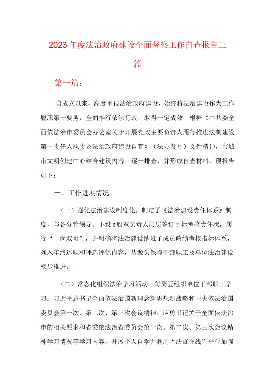 2023年度法治政府建设全面督察工作自查报告三篇.docx_第1页