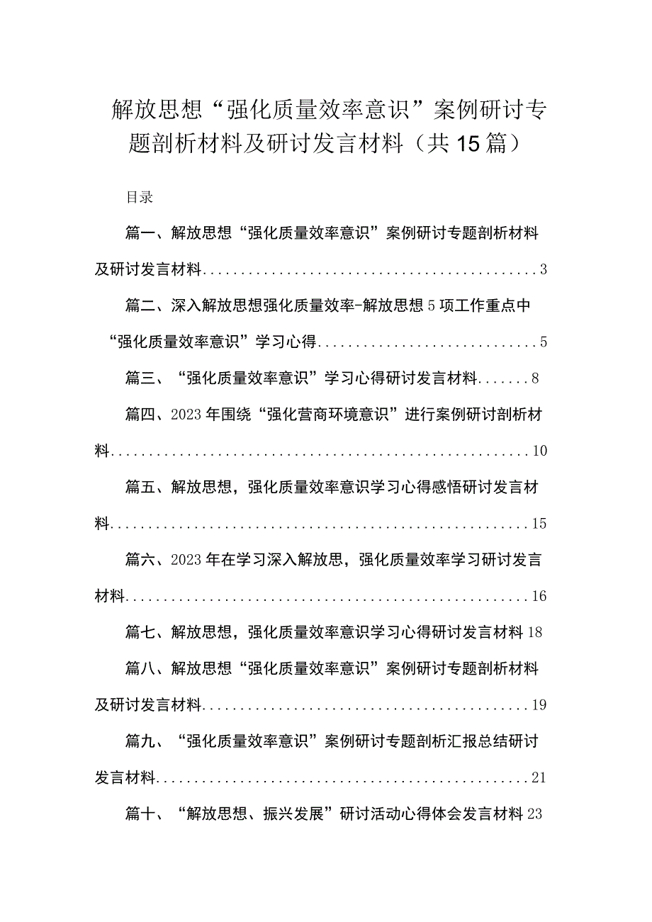 2023解放思想“强化质量效率意识”案例研讨专题剖析材料及研讨发言材料范文精选(15篇).docx_第1页