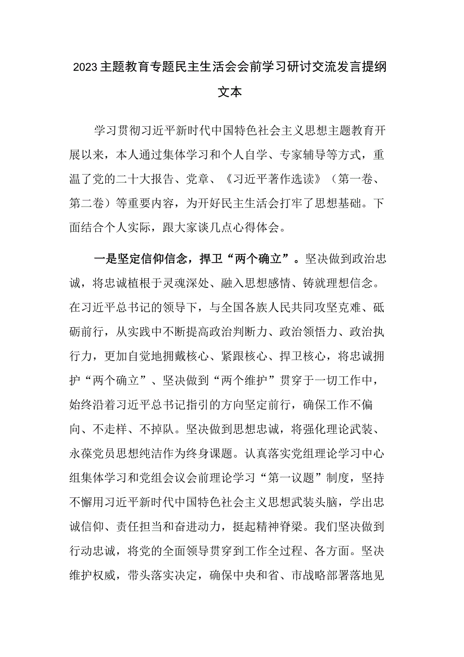 2023主题教育专题民主生活会会前学习研讨交流发言提纲文本.docx_第1页