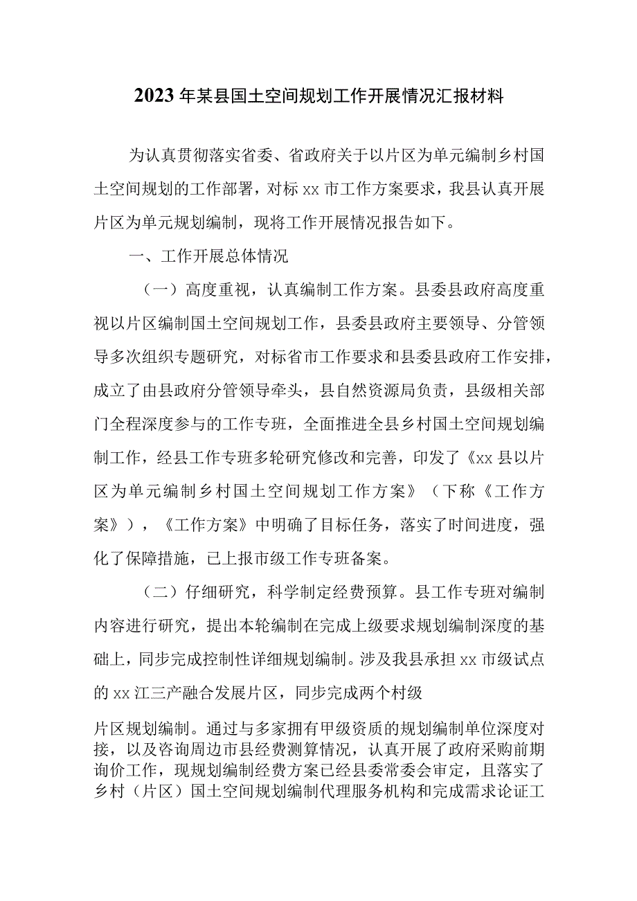 2023年某县国土空间规划工作开展情况汇报材料.docx_第1页