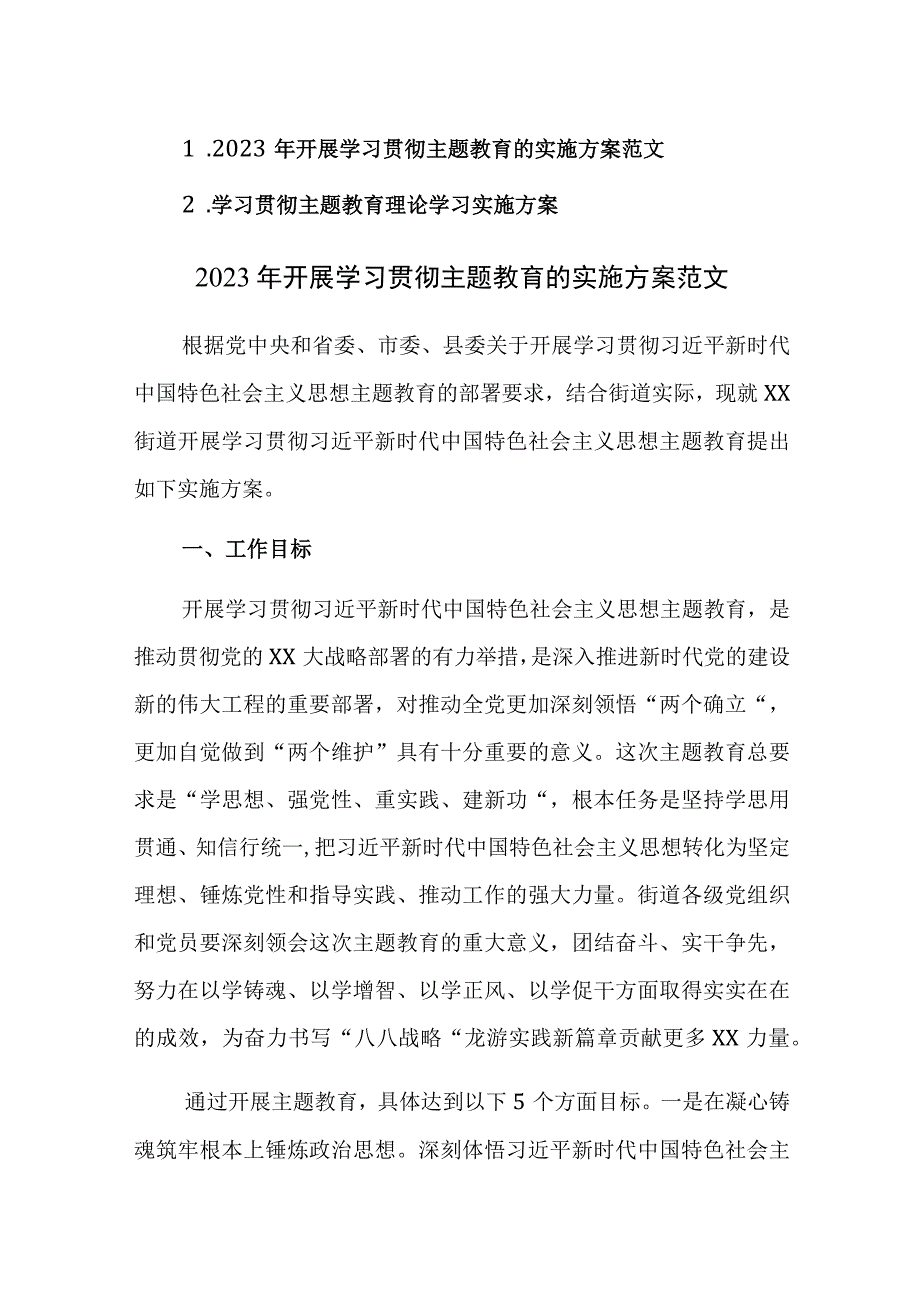 2023年开展学习贯彻主题教育及理论学习实施方案范文2篇.docx_第1页