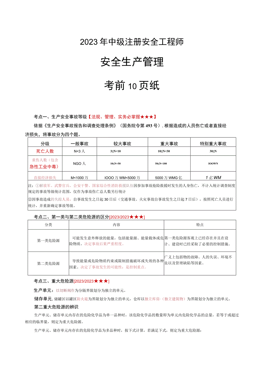 2023年中级安全工程师《安全生产管理》考前10页纸.docx_第1页