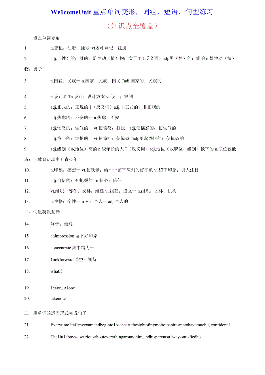 Welcome Unit 重点单词变形词组短语句型练习-2023-2024学年必修第一册单元重难点易错题精练（人教版2019）.docx_第1页