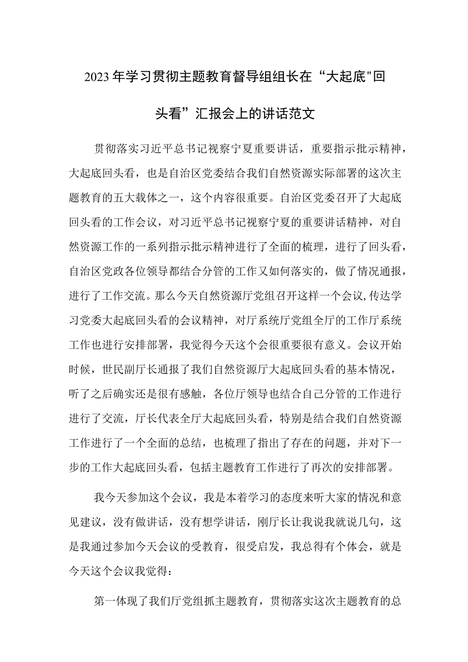 2023年学习贯彻主题教育督导组组长在“大起底”“回头看”汇报会上的讲话范文.docx_第1页