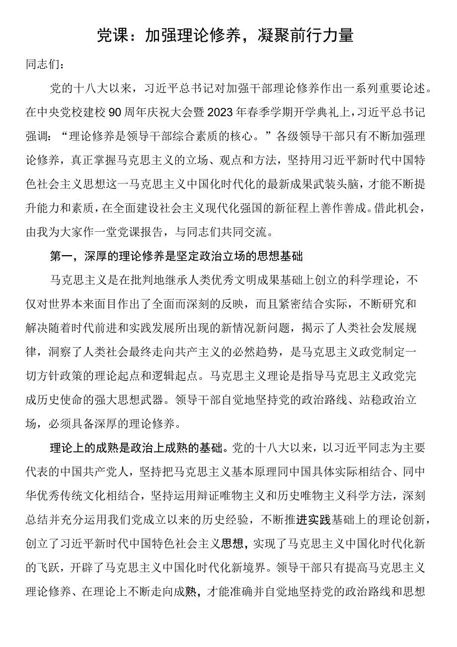 党课：加强理论修养凝聚前行力量.docx_第1页