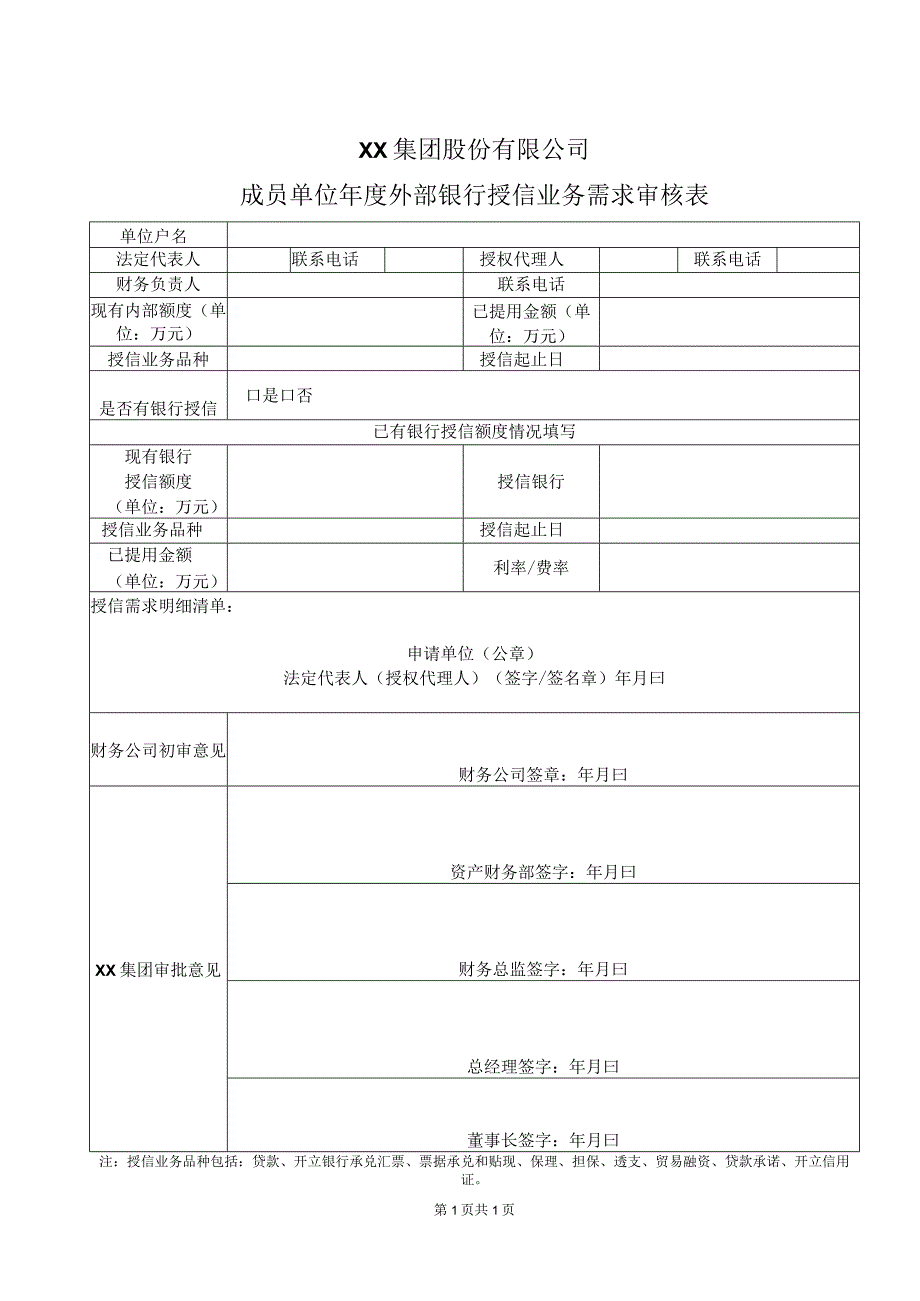 XX集团股份有限公司成员单位年度外部银行授信业务需求审核表(2023年).docx_第1页