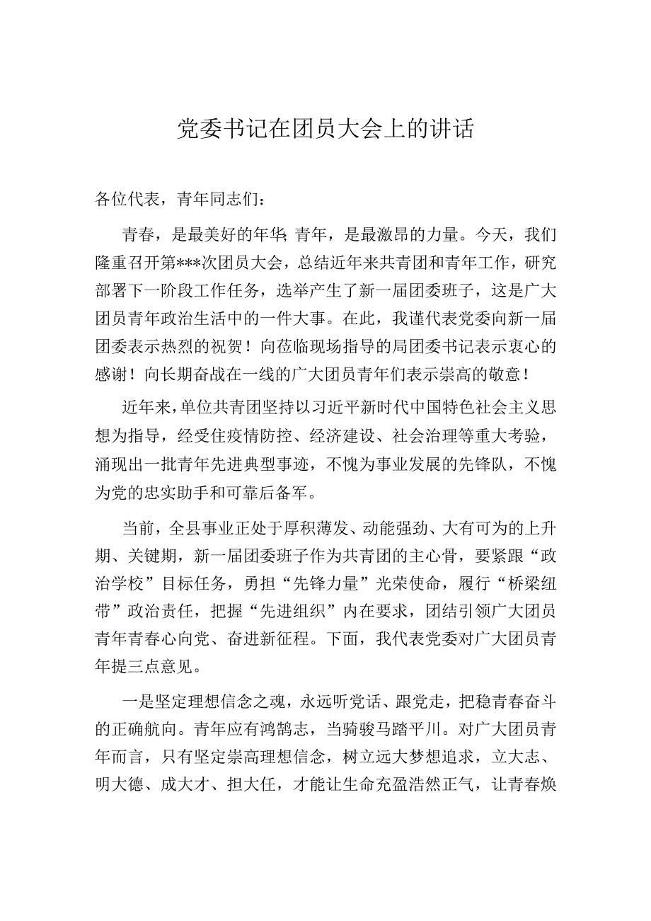 党委书记在团员大会上的讲话.docx_第1页