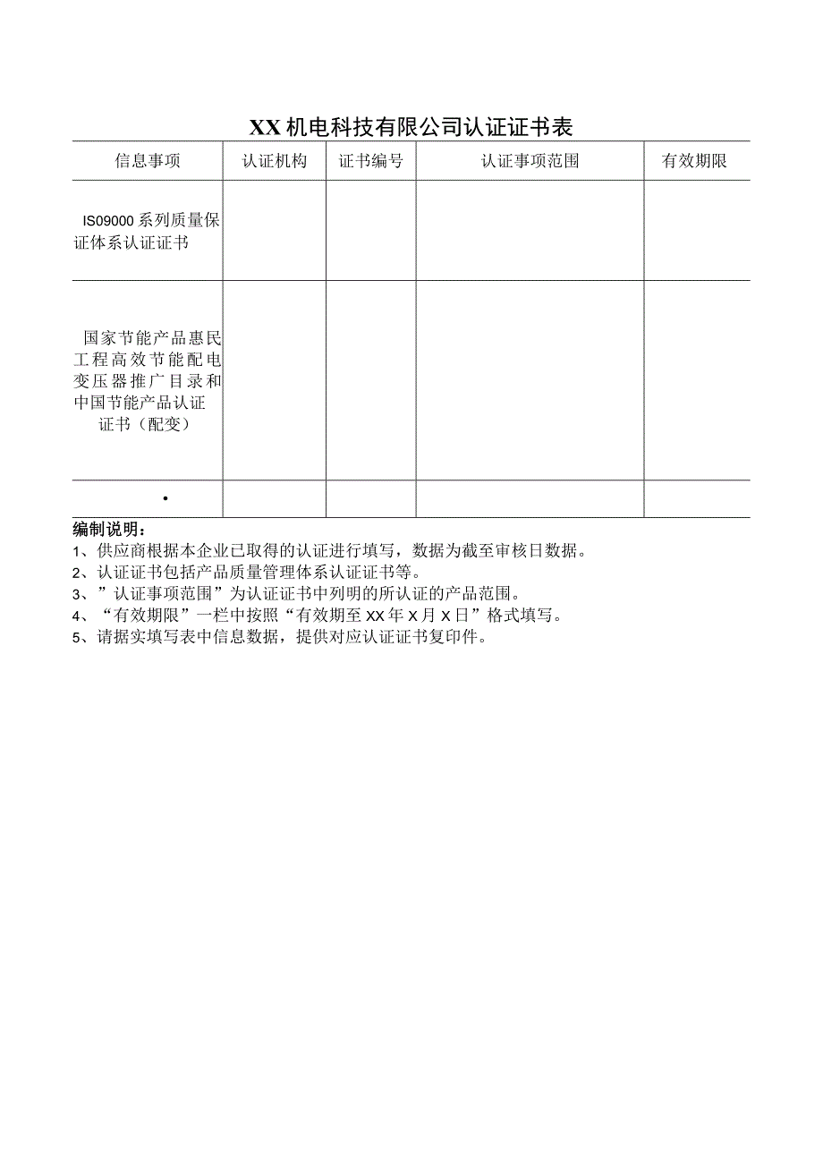 XX机电科技有限公司认证证书表（2023年）.docx_第1页