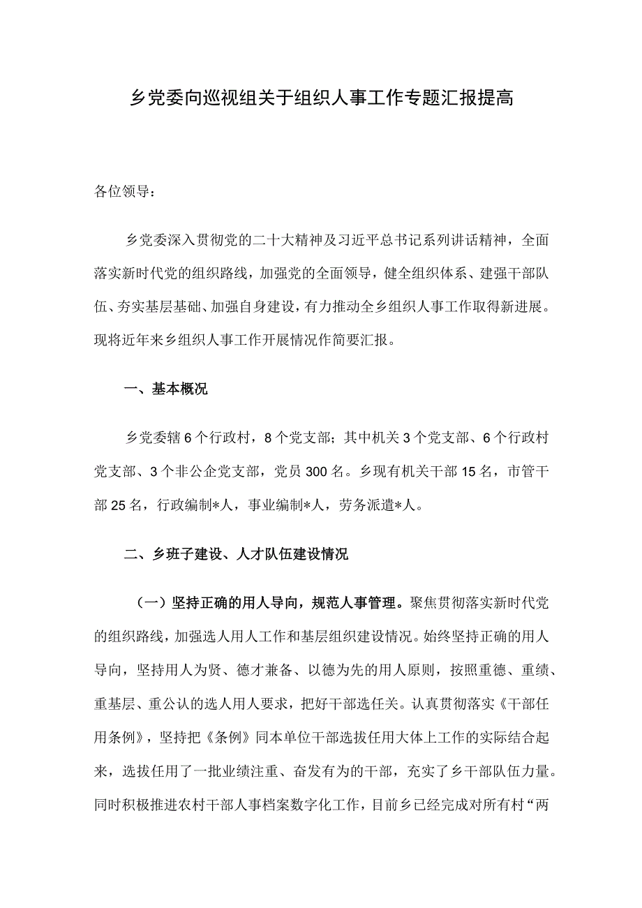 乡党委向巡视组关于组织人事工作专题汇报提高.docx_第1页