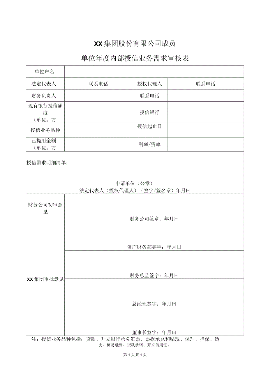 XX集团股份有限公司成员单位年度内部授信业务需求审核表 (2023年).docx_第1页