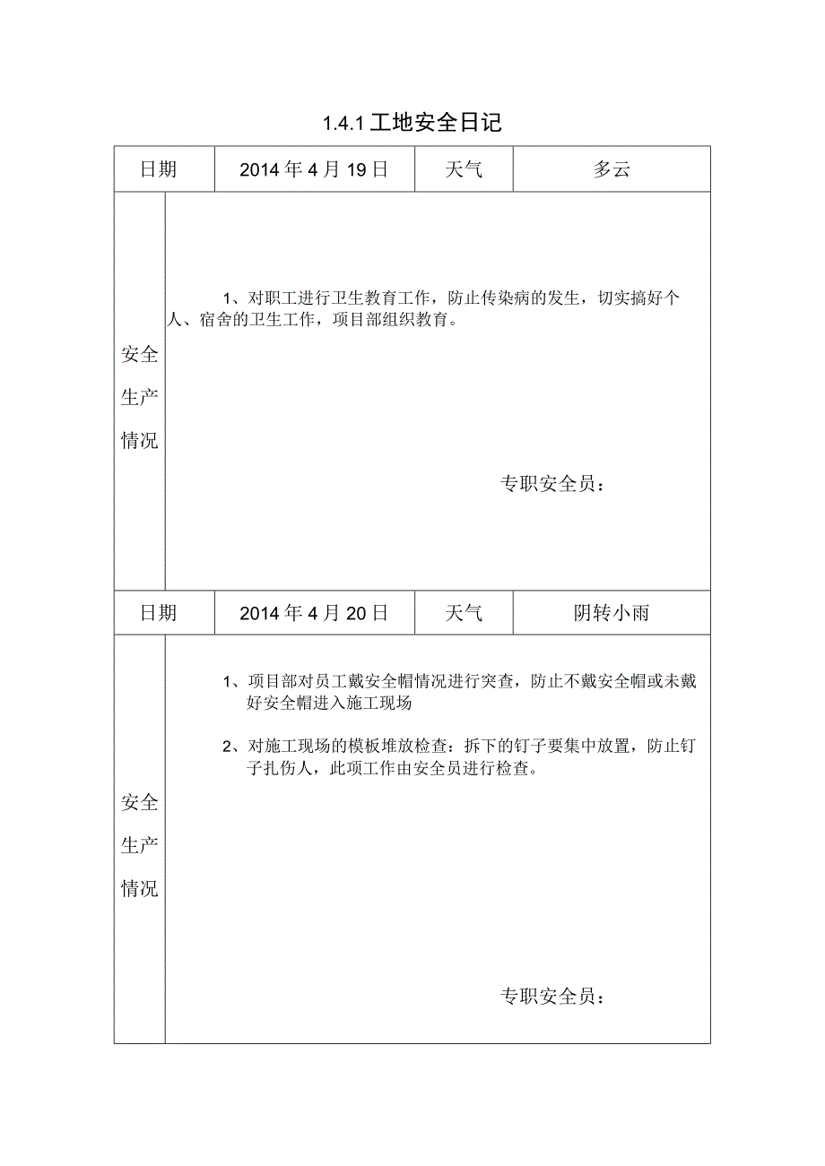 [施工资料]工地安全日记.docx_第1页