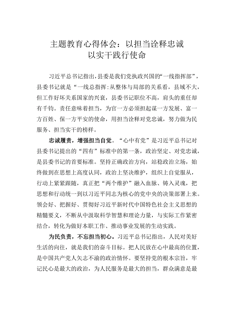 主题教育心得体会：以担当诠释忠诚以实干践行使命.docx_第1页