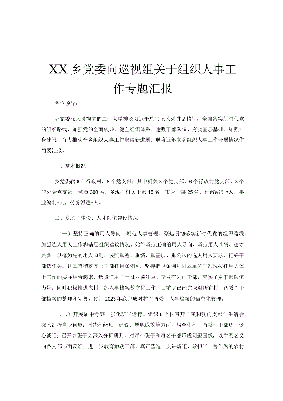 XX乡党委向巡视组关于组织人事工作专题汇报.docx_第1页