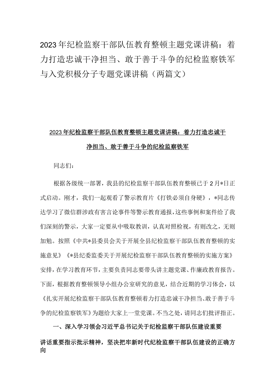 2023年纪检监察干部队伍教育整顿主题党课讲稿：着力打造忠诚干净担当、敢于善于斗争的纪检监察铁军与入党积极分子专题党课讲稿（两篇文）.docx_第1页