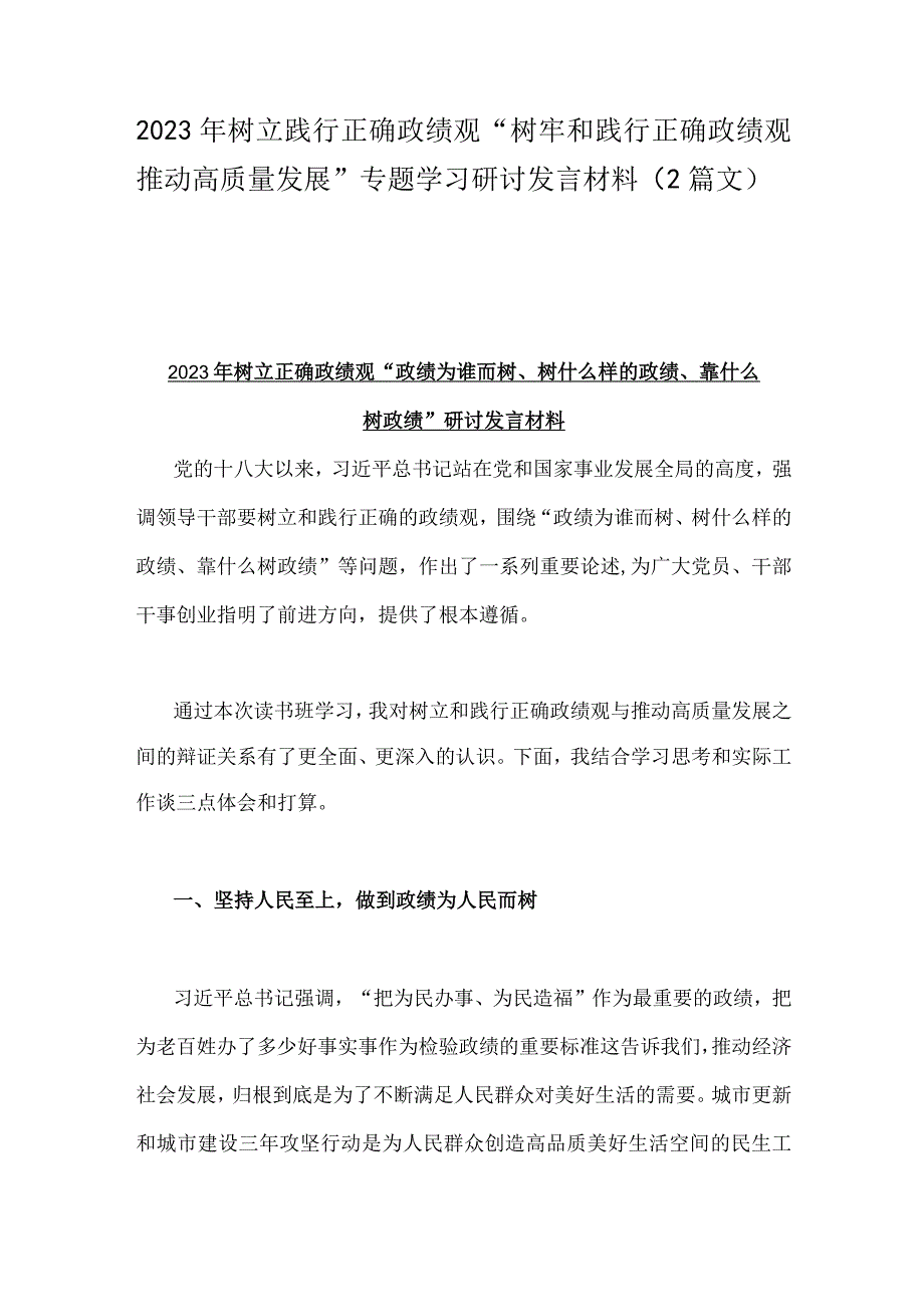 2023年树立践行正确政绩观“树牢和践行正确政绩观推动高质量发展”专题学习研讨发言材料（2篇文）.docx_第1页