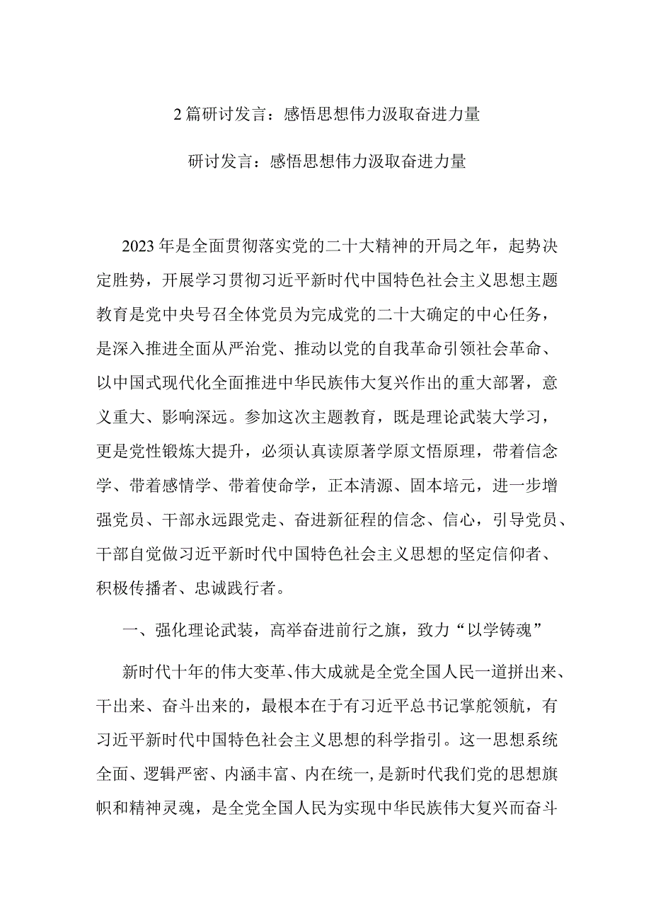 2篇研讨发言：感悟思想伟力 汲取奋进力量.docx_第1页